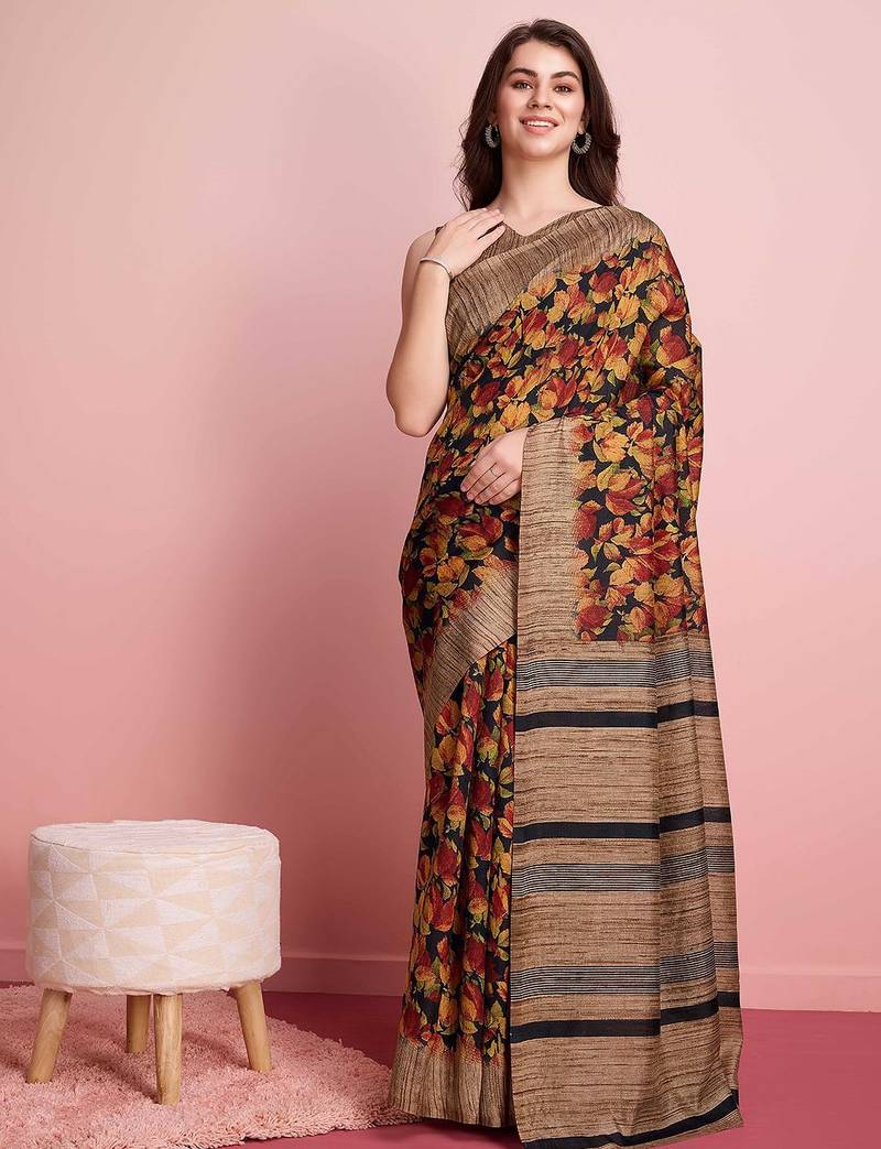 Red elegant printed silk cotton saree with blouse piece