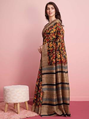 Red elegant printed silk cotton saree with blouse piece 2