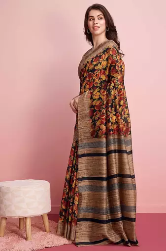 Red elegant printed silk cotton saree with blouse piece