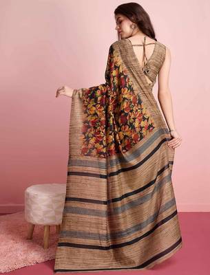 Red elegant printed silk cotton saree with blouse piece 3