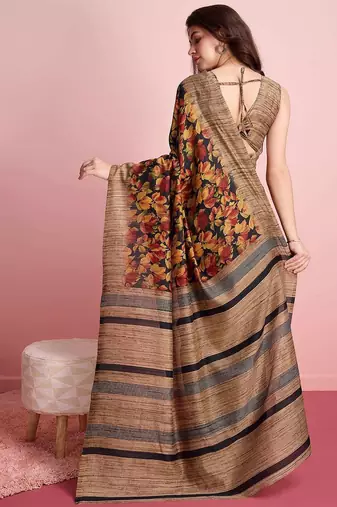 Red elegant printed silk cotton saree with blouse piece