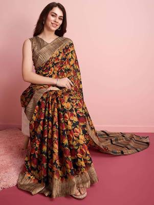 Red elegant printed silk cotton saree with blouse piece 4