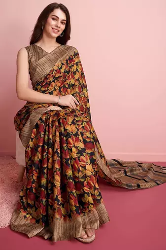 Red elegant printed silk cotton saree with blouse piece
