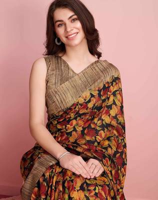 Red elegant printed silk cotton saree with blouse piece 5