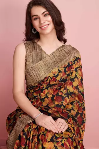 Red elegant printed silk cotton saree with blouse piece