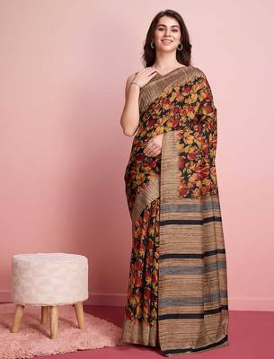 Red floral printed jute casual saree with blouse piece 1