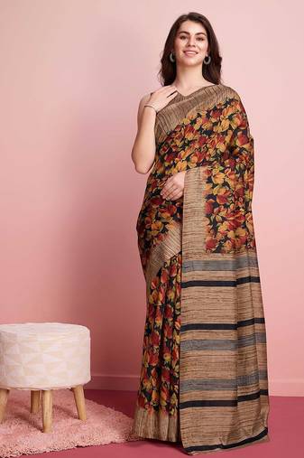 Red floral printed jute casual saree with blouse piece