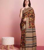Red floral printed jute casual saree with blouse piece