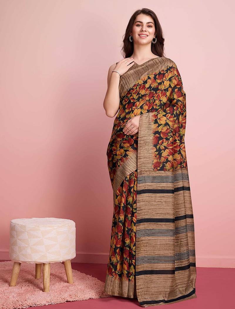 Red floral printed jute casual saree with blouse piece
