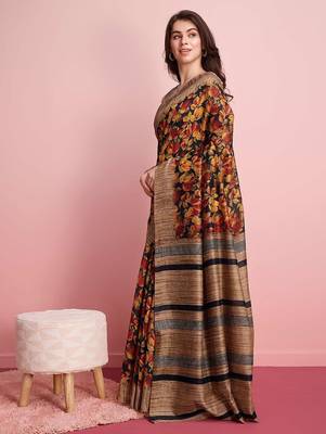 Red floral printed jute casual saree with blouse piece 2