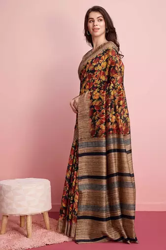 Red floral printed jute casual saree with blouse piece