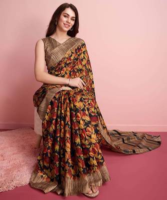 Red floral printed jute casual saree with blouse piece 4