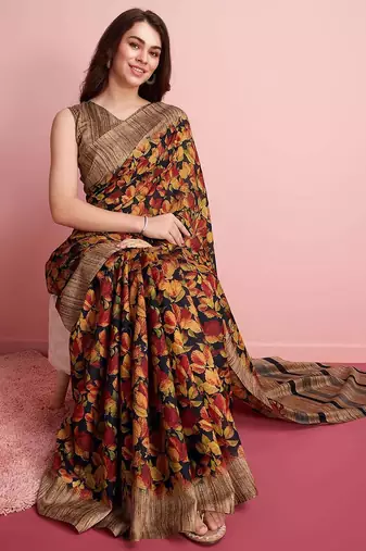 Red floral printed jute casual saree with blouse piece