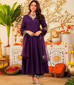 Purple viscose chanderi embroidered kurta pant dupatta set