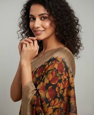 Multi floral printed jute casual saree with blouse piece 2