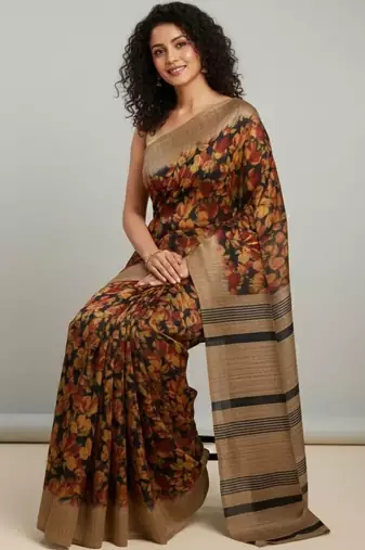 Multi floral printed jute casual saree with blouse piece