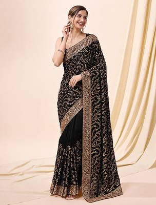 Black vichitra silk blend heavy embroidery designer saree for women 1