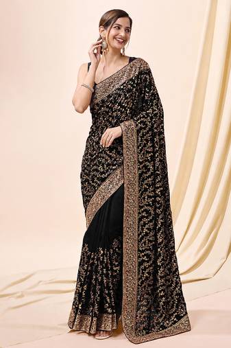 Black vichitra silk blend heavy embroidery designer saree for women