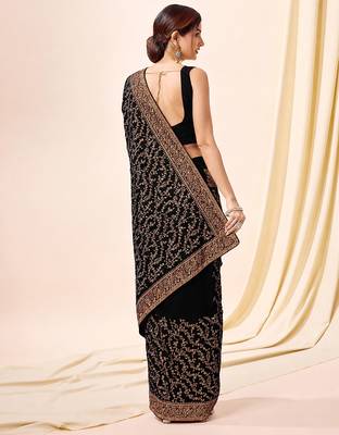 Black vichitra silk blend heavy embroidery designer saree for women 2