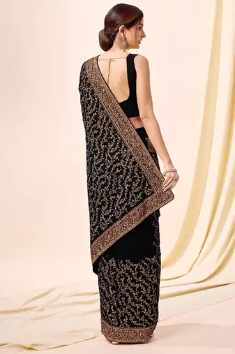 Black vichitra silk blend heavy embroidery designer saree for women