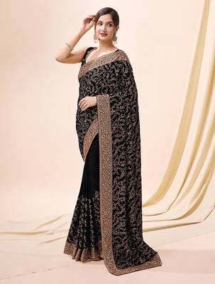 Black vichitra silk blend heavy embroidery designer saree for women 3