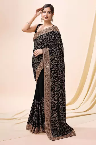 Black vichitra silk blend heavy embroidery designer saree for women