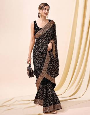 Black vichitra silk blend heavy embroidery designer saree for women 5
