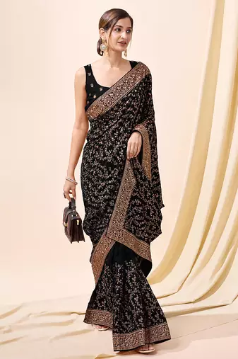 Black vichitra silk blend heavy embroidery designer saree for women