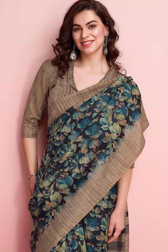 Blue elegant printed silk cotton saree with blouse piece
