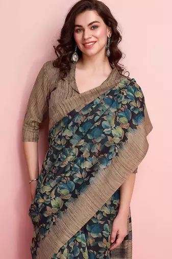 Blue elegant printed silk cotton saree with blouse piece