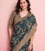 Blue elegant printed silk cotton saree with blouse piece