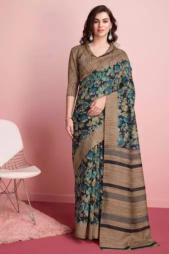 Blue elegant printed silk cotton saree with blouse piece