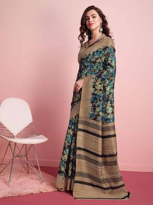 Blue elegant printed silk cotton saree with blouse piece 3