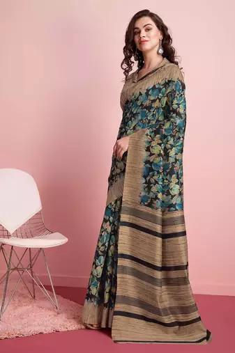 Blue elegant printed silk cotton saree with blouse piece