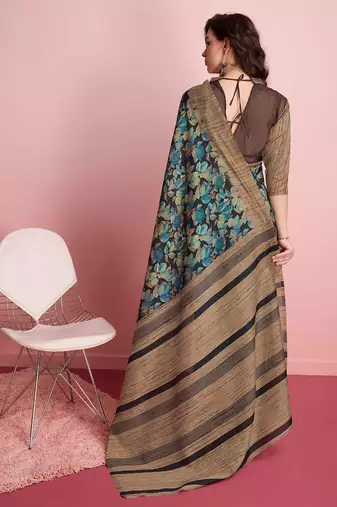 Blue elegant printed silk cotton saree with blouse piece