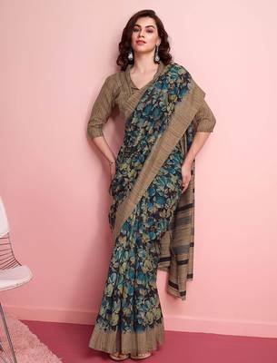 Blue elegant printed silk cotton saree with blouse piece 5