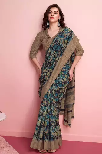 Blue elegant printed silk cotton saree with blouse piece