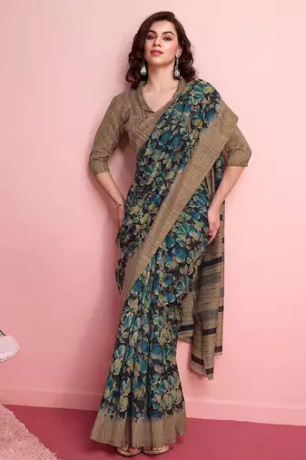 Blue floral printed jute casual saree with blouse piece