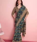 Blue floral printed jute casual saree with blouse piece