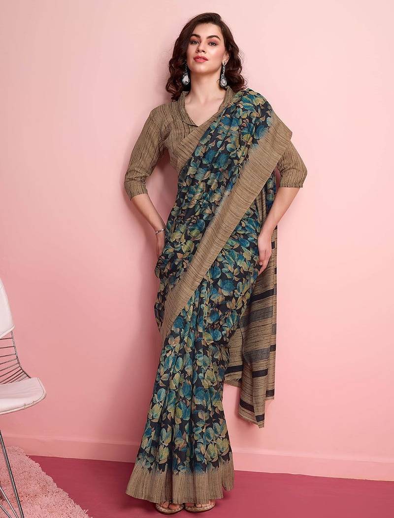 Blue floral printed jute casual saree with blouse piece