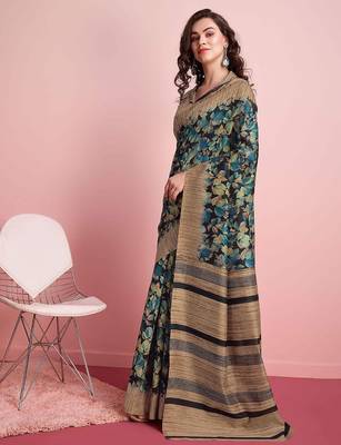 Blue floral printed jute casual saree with blouse piece 2