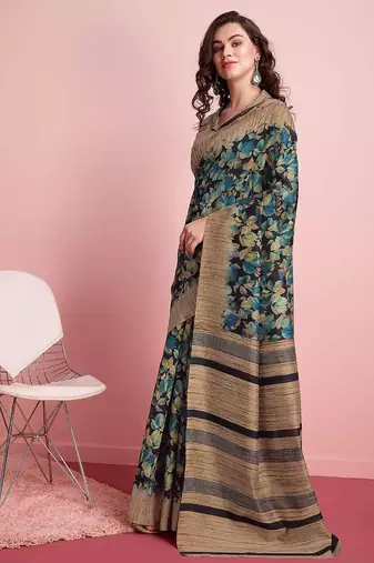 Blue floral printed jute casual saree with blouse piece