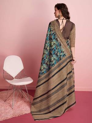 Blue floral printed jute casual saree with blouse piece 3