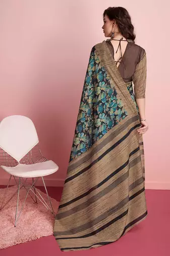 Blue floral printed jute casual saree with blouse piece