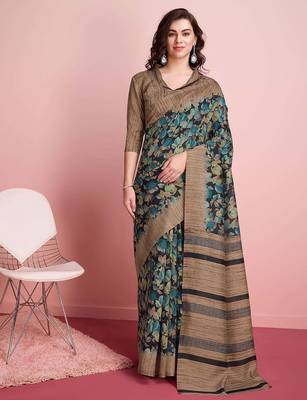 Blue floral printed jute casual saree with blouse piece 4