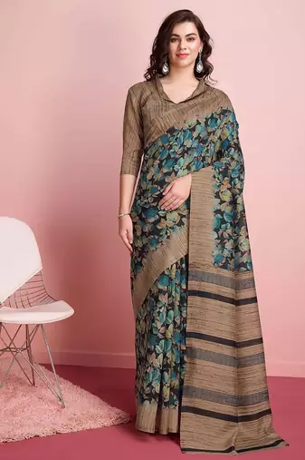 Blue floral printed jute casual saree with blouse piece