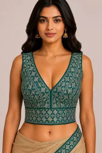 Teal green heavy embroidered silk bridal blouse for women | designer sequins work readymade saree blouse