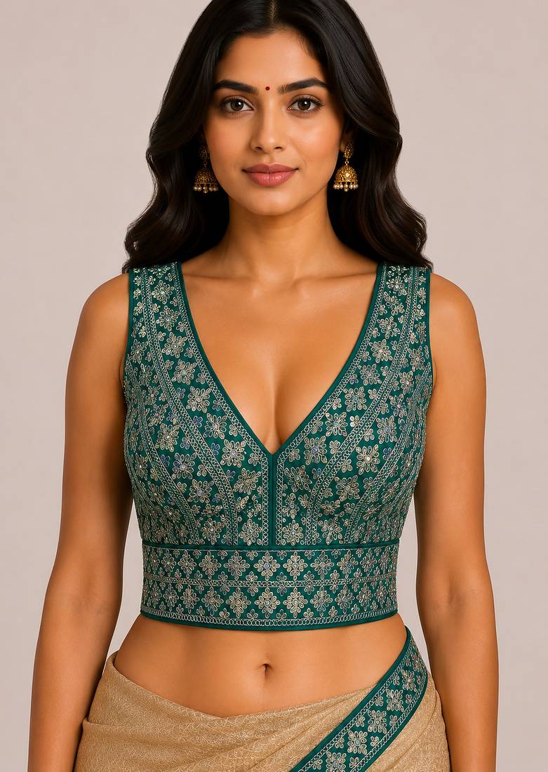 Teal green heavy embroidered silk bridal blouse for women | designer sequins work readymade saree blouse