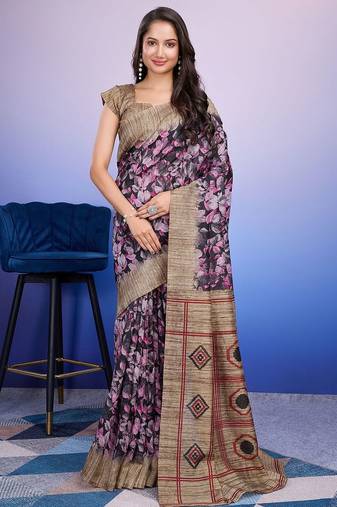 Purple elegant printed silk cotton saree with blouse piece