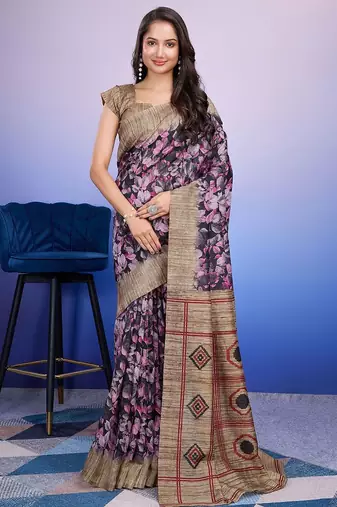 Purple elegant printed silk cotton saree with blouse piece